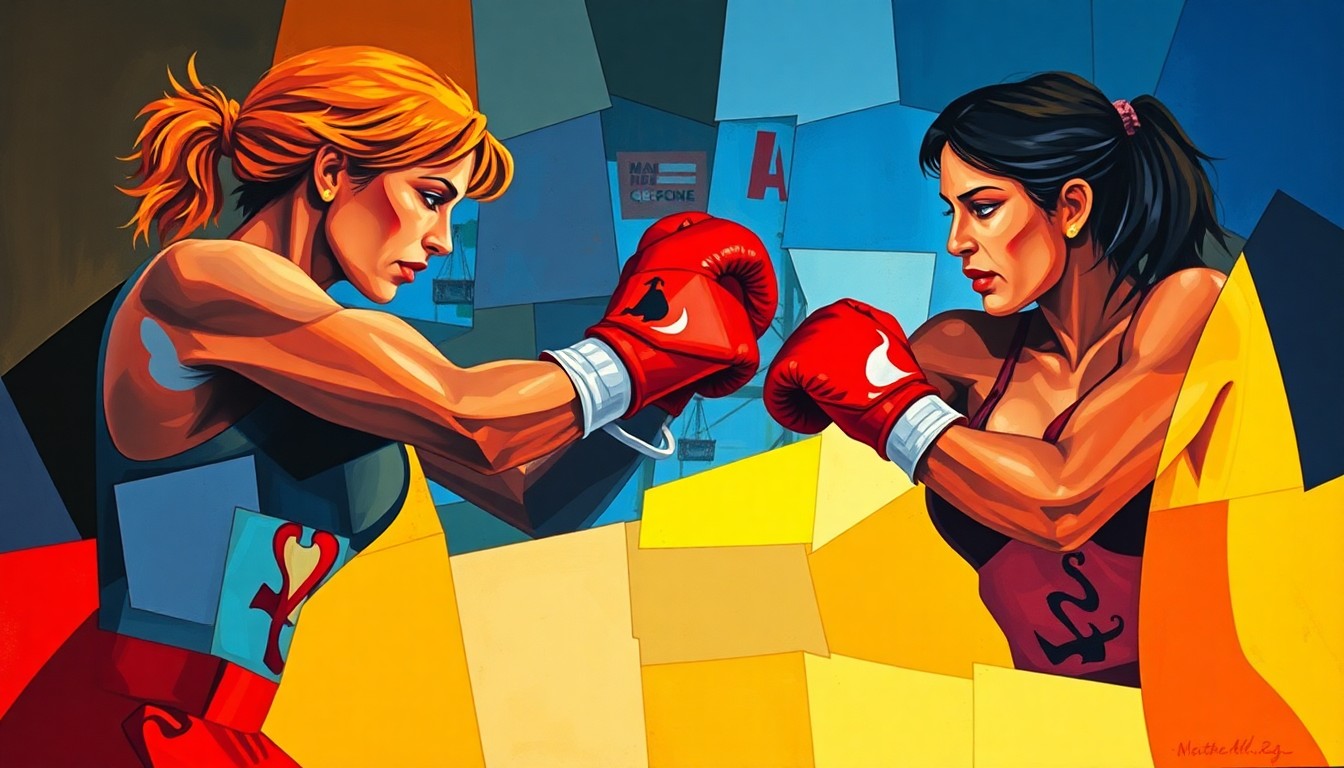 A cubist, geometric painting depicting the dynamic movements and energy of a boxing match, with overlapping planes of vibrant blue, red, and yellow hues.