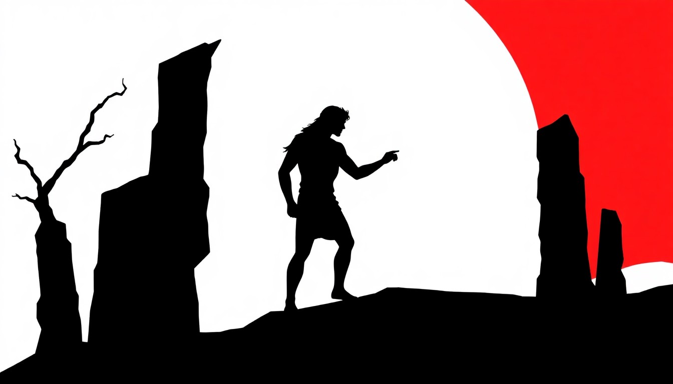 A bold, graphic illustration featuring stark black silhouettes and geometric shapes in high-contrast red and white, conceptually representing the themes of the Greek myth of Eurydice and Orpheus.