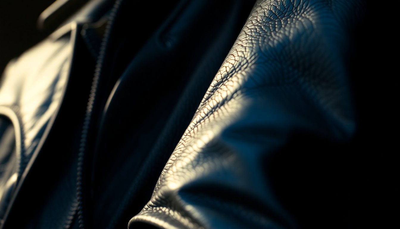 An extreme close-up photograph of a black leather jacket, the material capturing the light in a way that creates a high-contrast, high-fashion aesthetic, conceptually representing the glitz and glamour of Teddy Swims' musical career.