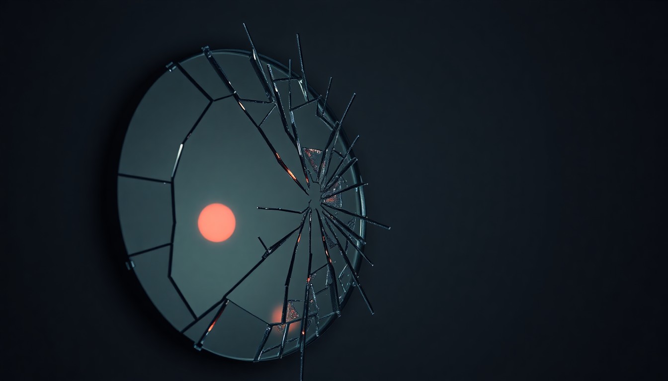 An abstract close-up image of a shattered mirror reflecting a faint red light, conveying the fragility and emotional turmoil of a high-profile family conflict.