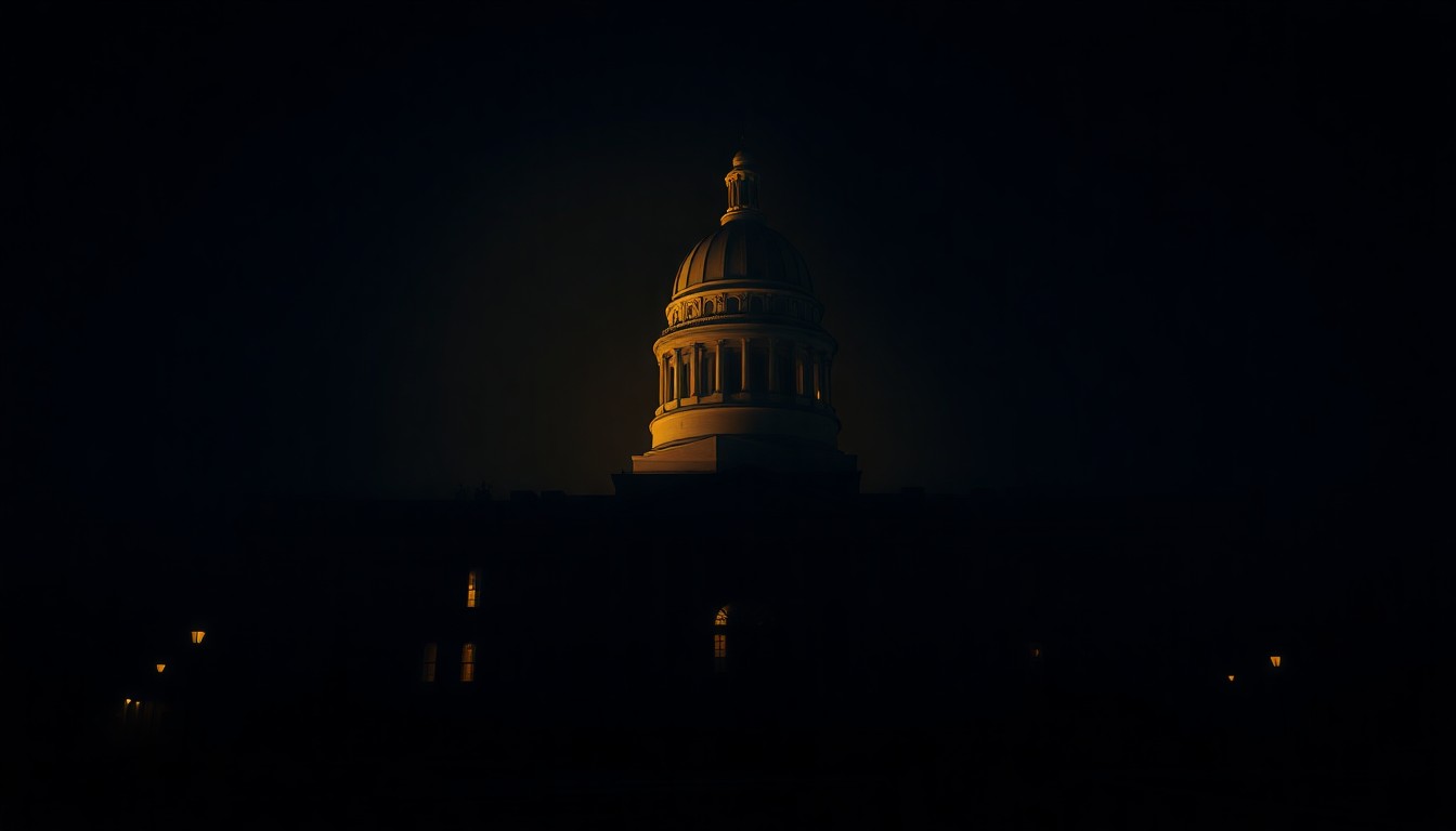A cinematic painting of a solitary Minnesota state capitol building, bathed in warm, diagonal sunlight and deep shadows, evoking a sense of political contemplation and civic engagement.
