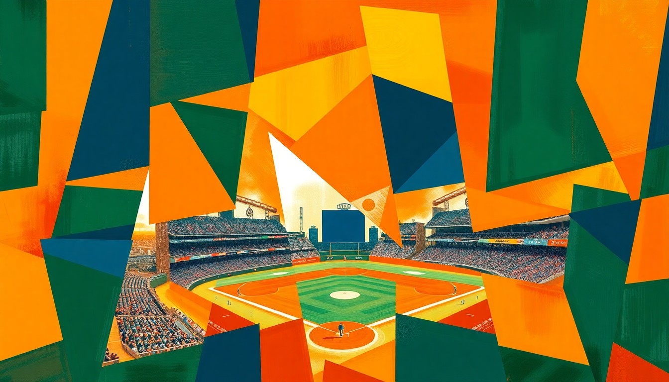 A fragmented, geometric painting in bold colors depicting the dynamic movements and competing perspectives of a college baseball game.