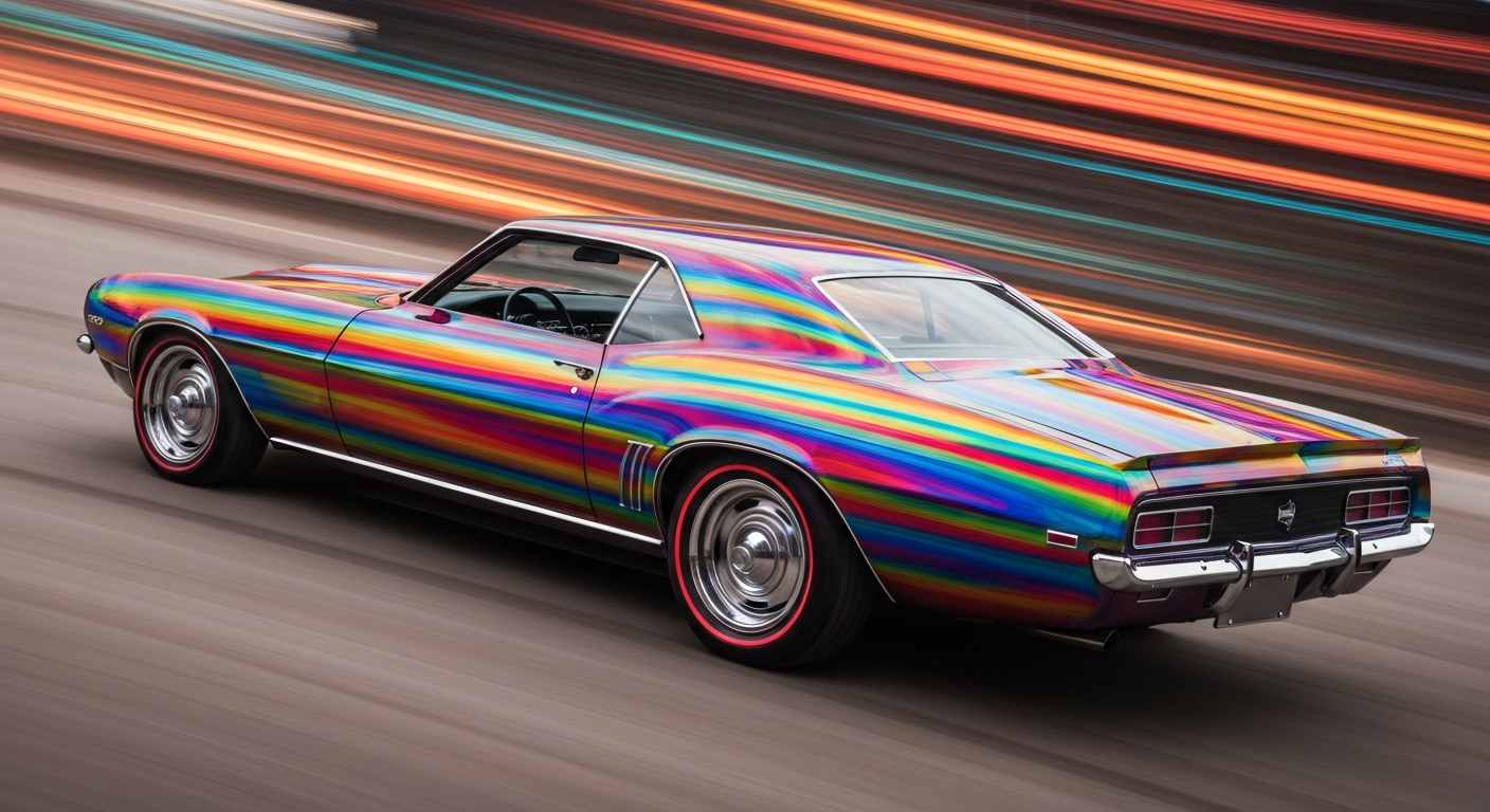 Heavily blurred, abstract streaks of color in shades of orange, red, and blue, conveying the dynamic motion and energy of a classic 1969 Chevrolet Camaro.