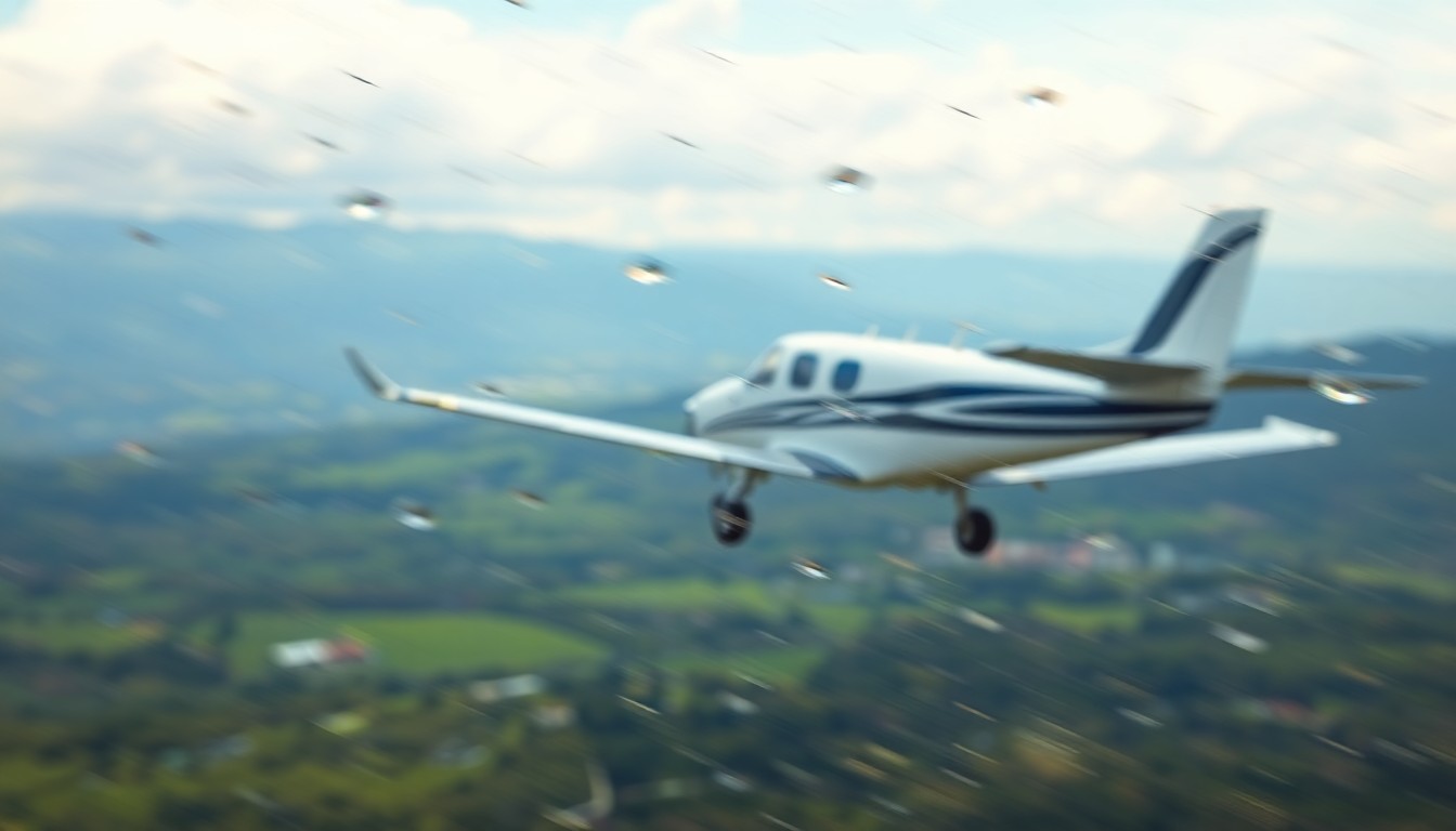 An abstract, impressionistic photograph showing the blurred outline of a small private plane taking off, with soft pools of warm light and color in the background, conveying the atmospheric quality of flight.