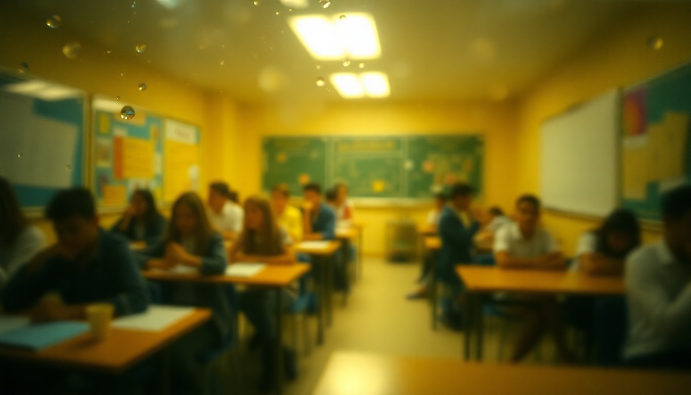 An abstract, impressionistic scene of blurred figures in a classroom setting, conveying a sense of uncertainty and concern through the use of soft, hazy light and color.