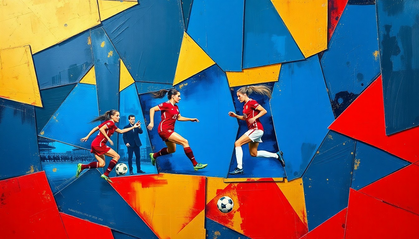 A fractured, multi-perspective painting featuring sharp, overlapping geometric planes in navy blue, crimson red, and gold, conceptually representing the intensity of a women's soccer match between two elite national teams.