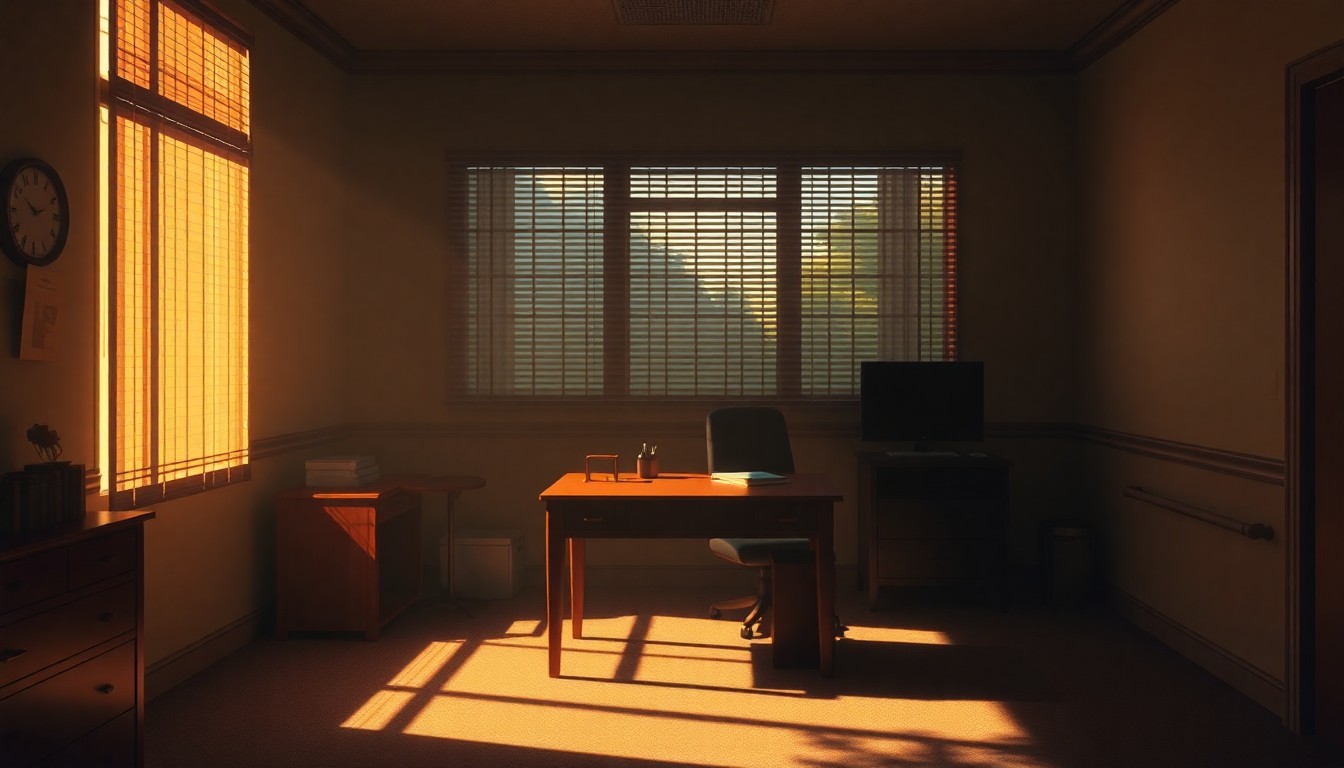 A dimly lit, cinematic painting of a simple political office desk with a chair, bathed in warm, diagonal sunlight and deep shadows, conveying a sense of solitude and introspection.