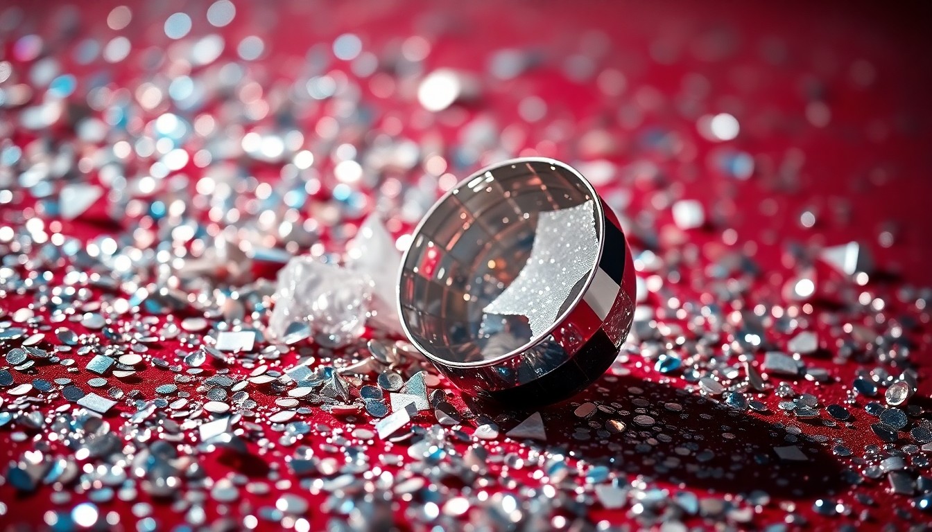 An abstract close-up photograph of luxurious, glittering textures like sequins and shattered glass, conveying the high-fashion glamour of a red carpet event.