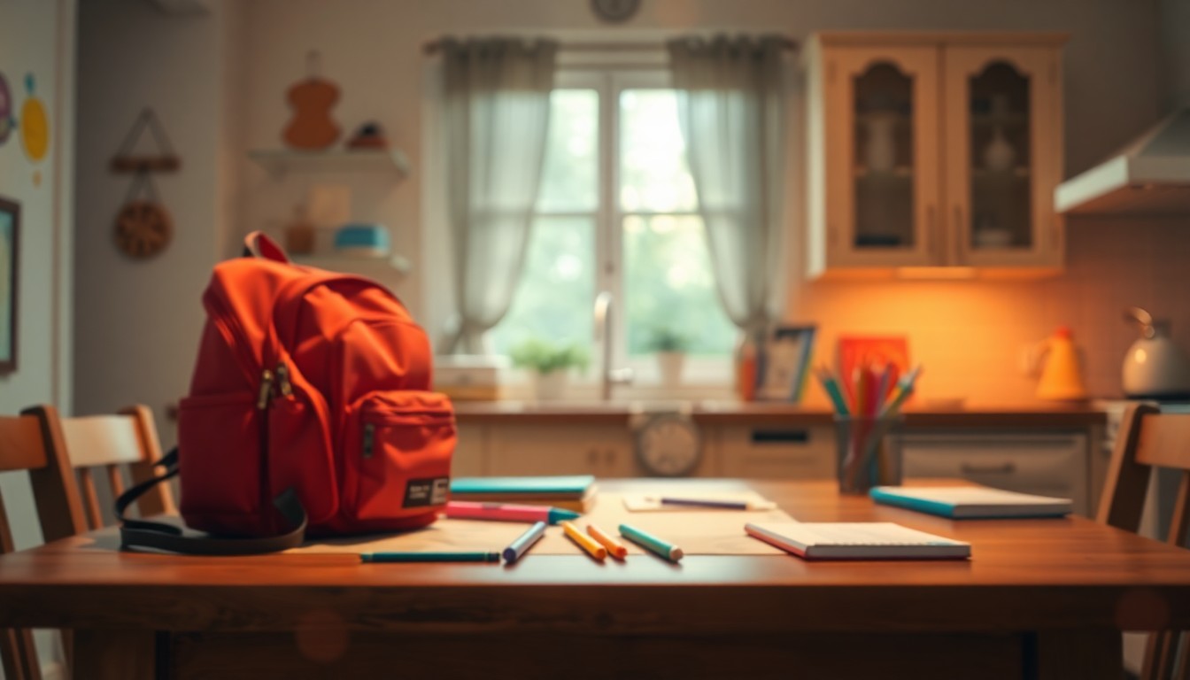 An extremely abstracted, out-of-focus photograph of a child's backpack and school supplies on a kitchen table, with soft pools of warm color and light creating an atmospheric, dreamlike quality that conceptually represents the disruption and uncertainty faced by families during unexpected school closures.