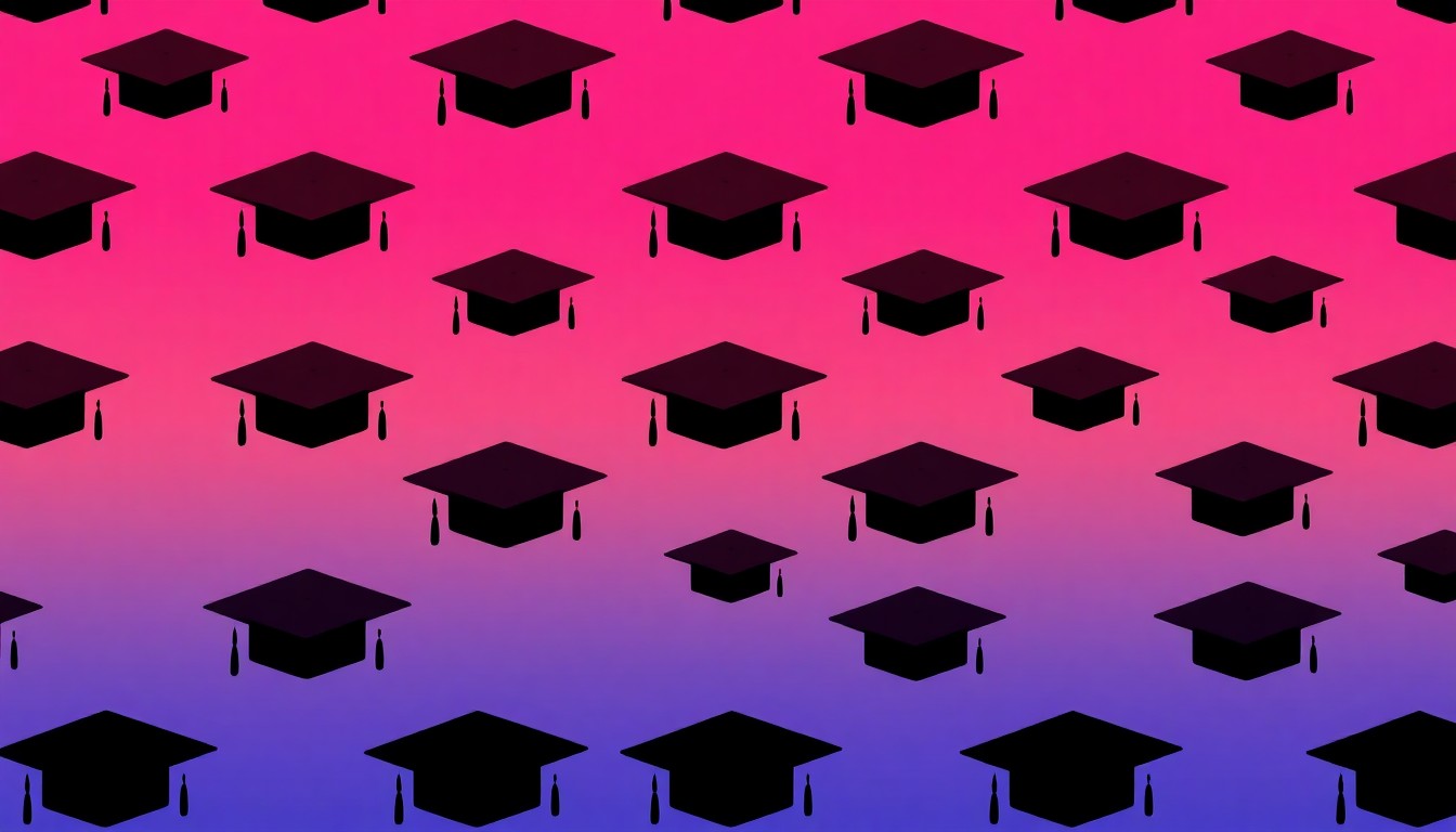 A brightly colored, abstract grid of graduation cap icons in neon shades of blue, pink, and yellow, conceptually representing the inclusive and empowering spirit of a new law aimed at supporting students with disabilities in higher education.