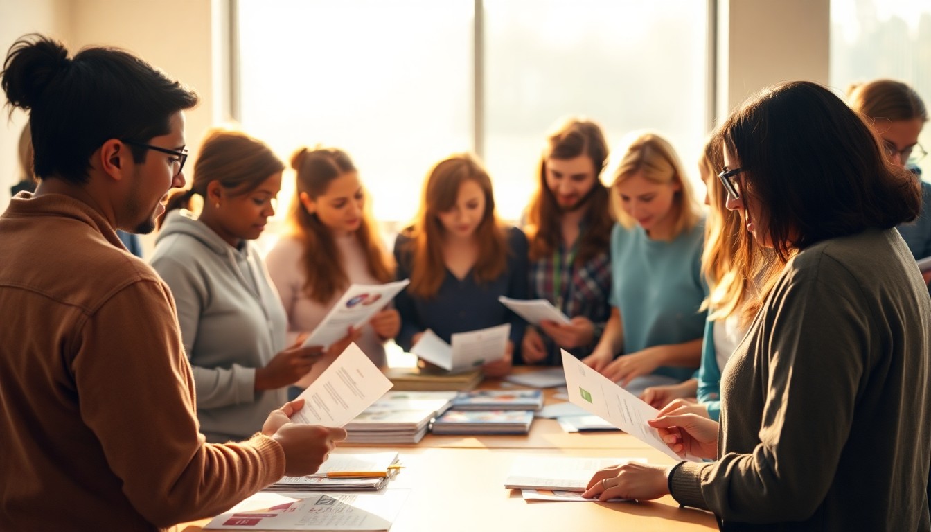 An abstracted, out-of-focus photograph depicting a group of people gathered around a table, examining materials from various nonprofit organizations, with the scene bathed in warm, diffused light, conveying a sense of community and connection.