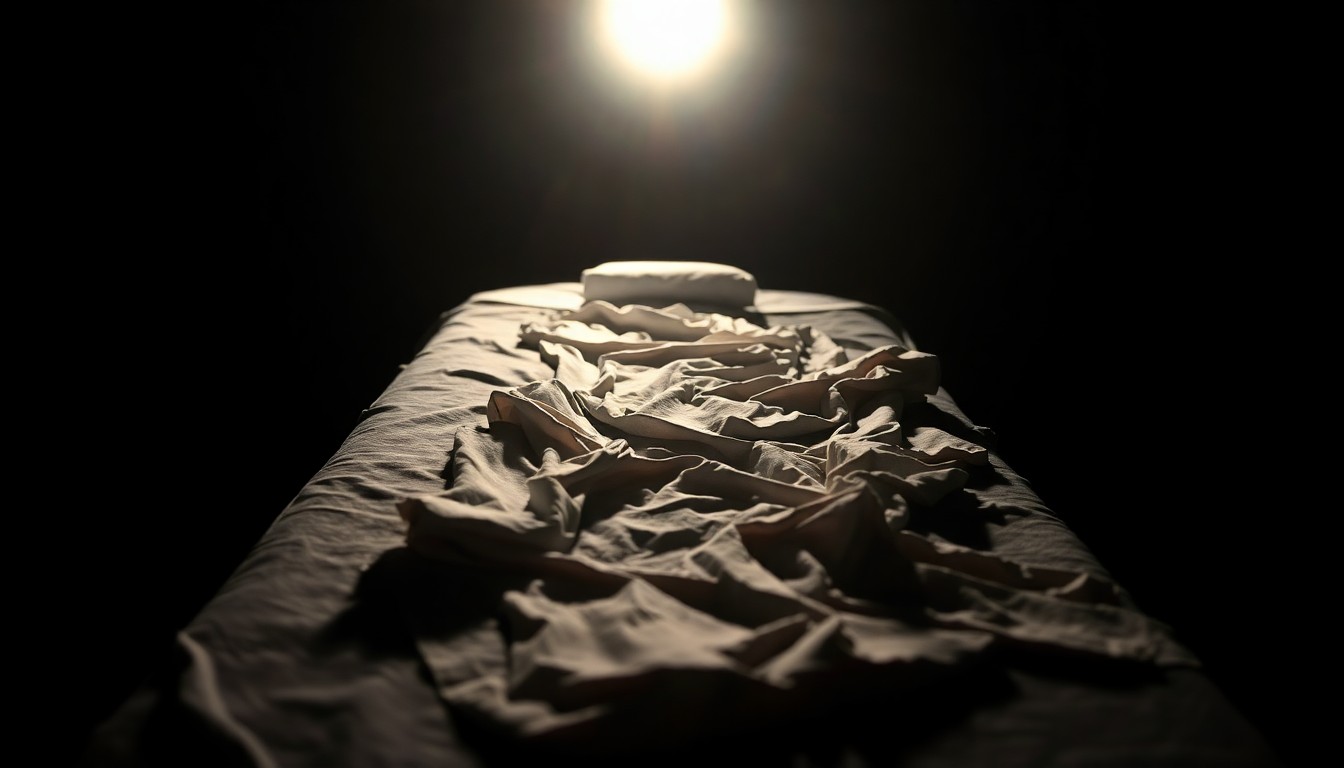 An extreme close-up of a massage table with crumpled sheets, the harsh lighting and stark black background creating a somber, investigative mood around the alleged crimes.
