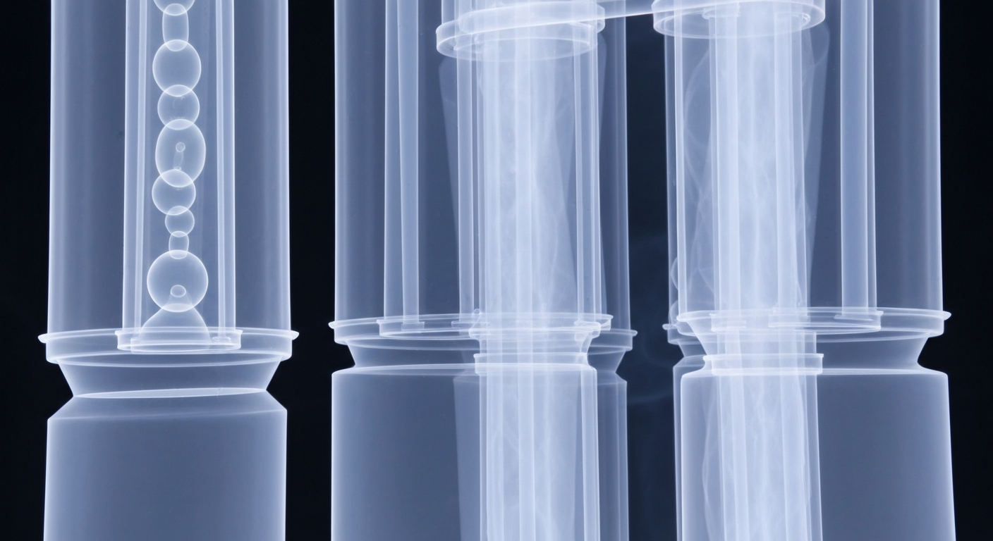 An extreme close-up X-ray photograph showing the intricate internal structure of a water filtration system, with a faint blue glow representing the unseen PFAS chemicals that have infiltrated the local water supply.