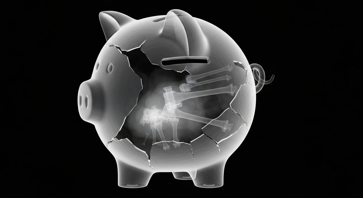 A ghostly, translucent X-ray photograph revealing the internal structure of a shattered piggy bank, conceptually representing the hidden impacts of gambling addiction.
