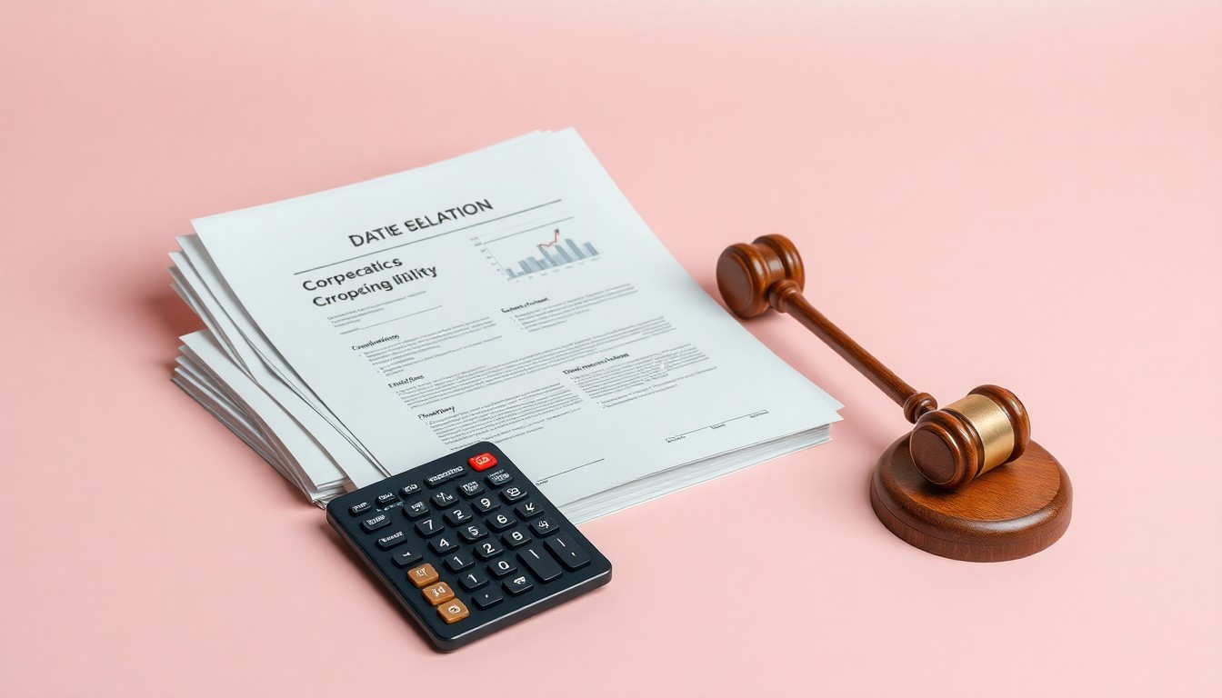A photorealistic studio still-life featuring a stack of financial documents, a calculator, and a gavel on a clean, monochromatic background, symbolizing the abstract concepts of corporate strategy, finance, and legal proceedings.