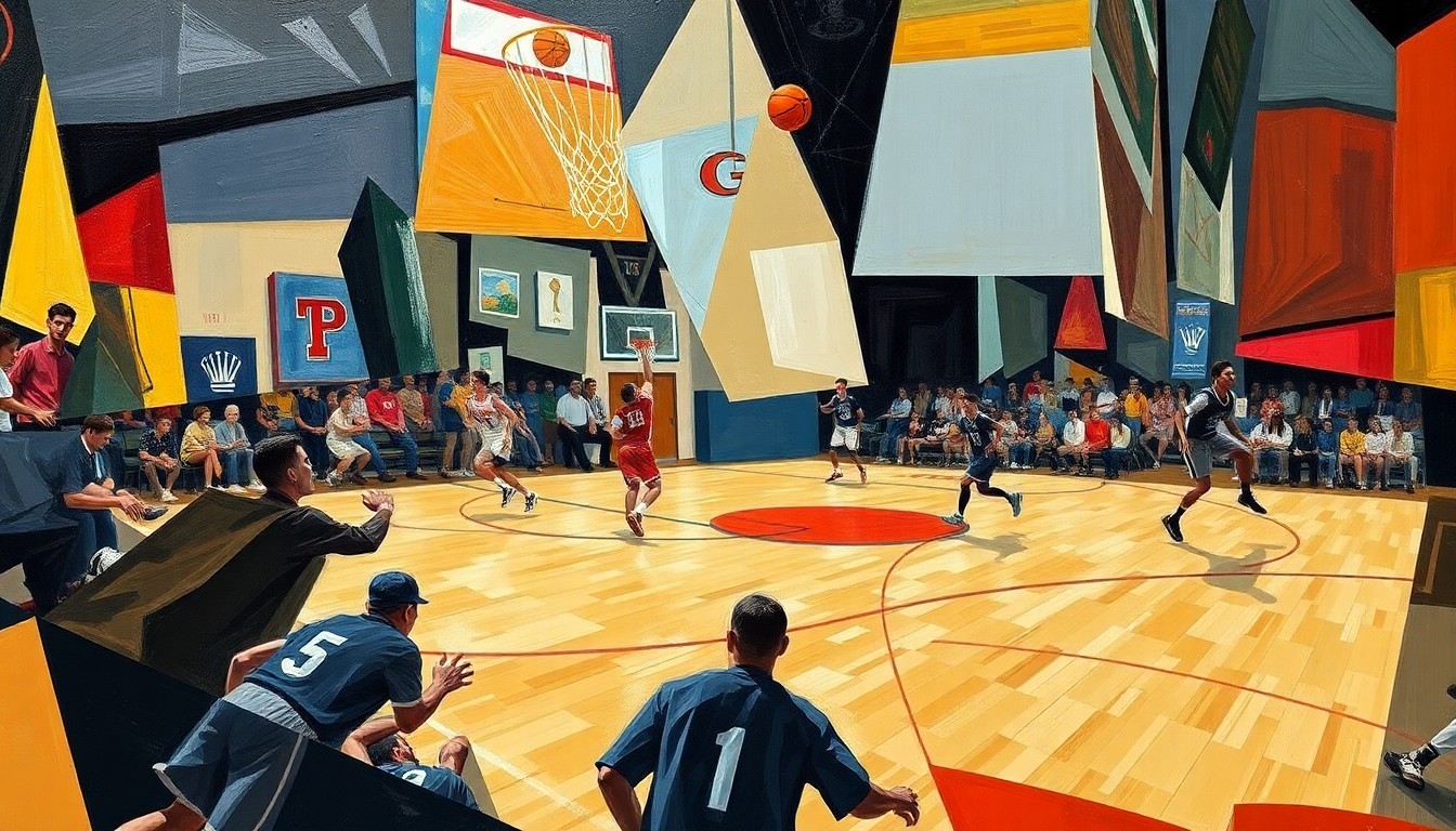 A fragmented, geometric painting depicting the dynamic movements and energy of a high school sports game, with players and the ball represented through overlapping planes of color and shape.