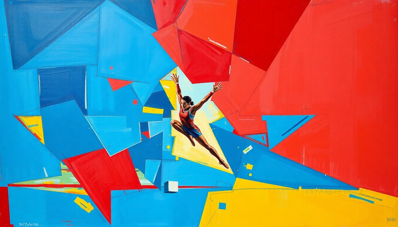 A cubist, geometric painting depicting a gymnastics competition, with overlapping planes of vibrant colors representing the dynamic movements and energy of the sport.