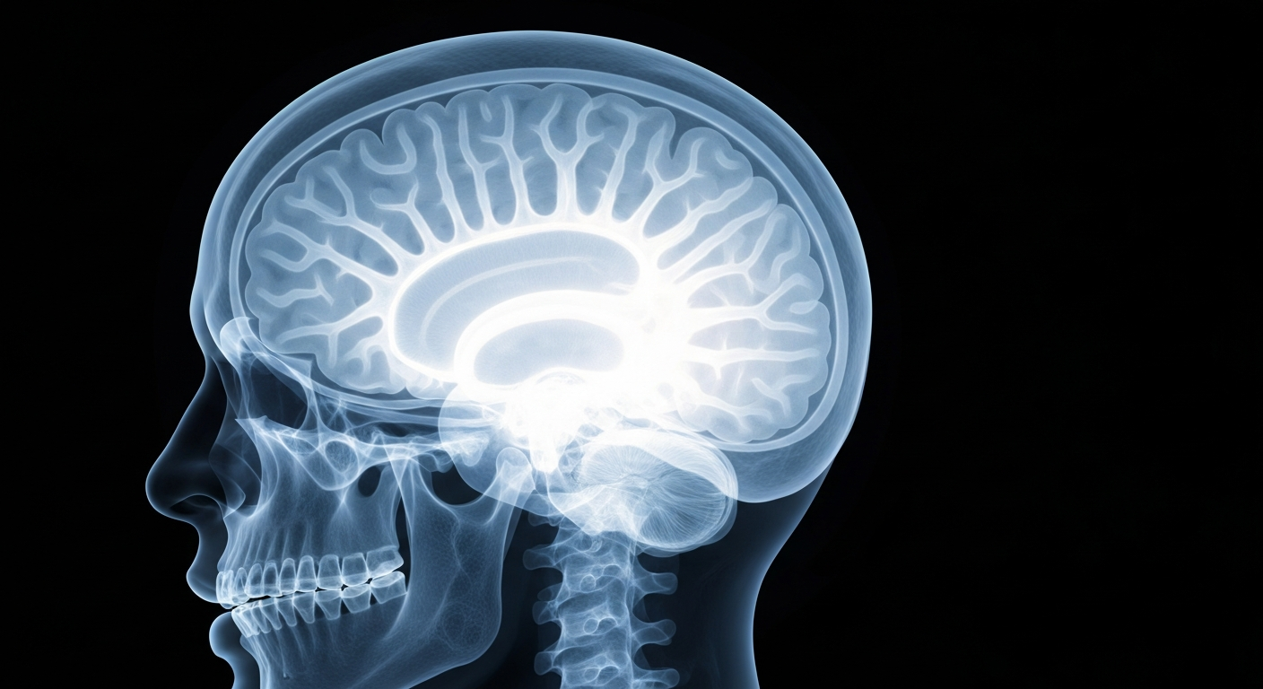 A ghostly, translucent X-ray photograph revealing the intricate structure of a human skull and brain, symbolizing the fragility and complexity of the human body and the importance of medical care and community support during times of crisis.
