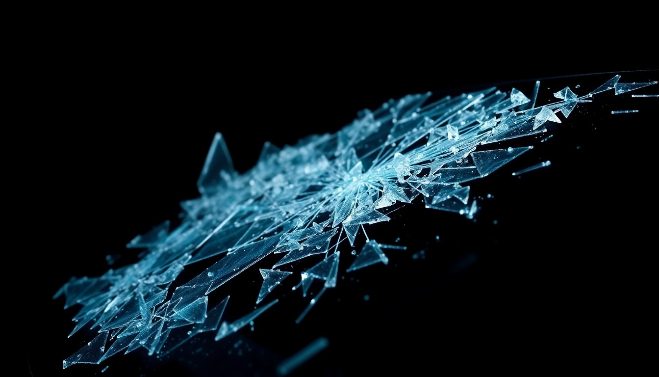 An extreme close-up photograph of a shattered car windshield, the jagged glass fragments reflecting the harsh light of the camera flash against a pitch-black background, conceptually representing the violence and destruction of a DUI crash without depicting any actual victims or violence.