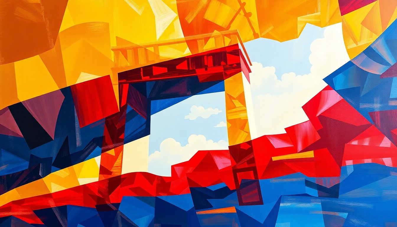 A dynamic, abstract painting in bold, patriotic colors depicting the proposed Triumphal Arch in an overlapping, fractured geometric style, conveying the monument's grand scale and bold design.