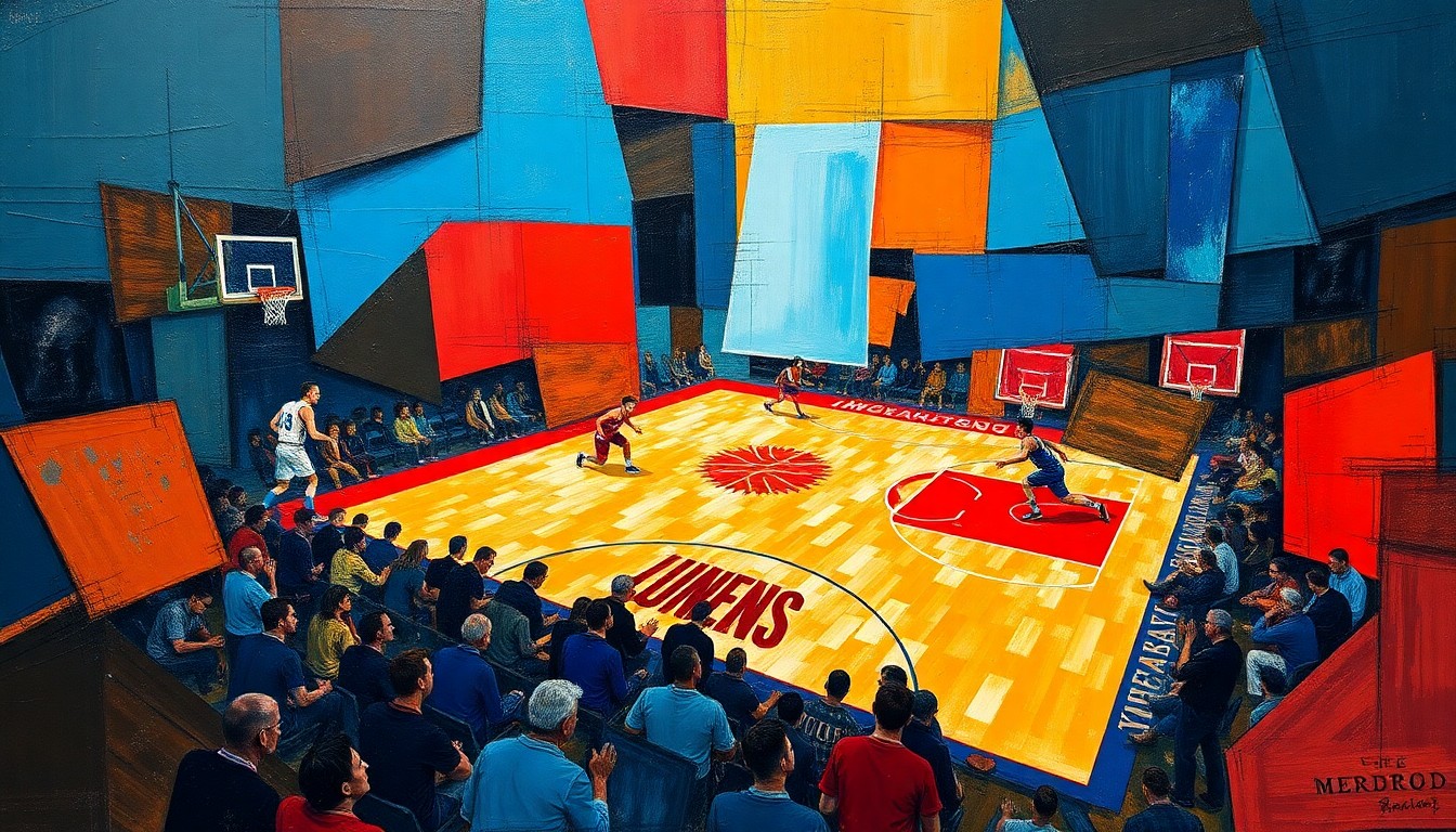 A cubist-style painting depicting a basketball game or match, with the players and court broken down into sharp, overlapping geometric shapes in a palette of deep blues, vibrant reds, and earthy browns, conveying the energy and intensity of the sport.