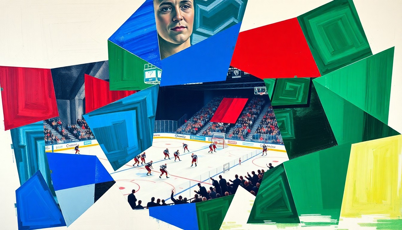 A fragmented, geometric painting in bold colors depicting various hockey elements like sticks, pucks, and players in motion, conveying the complexity and excitement of the NHL Draft process.