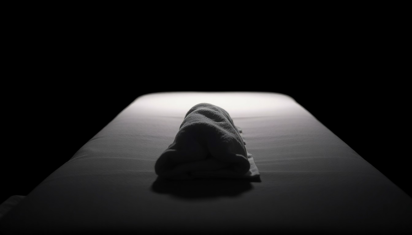 An extreme close-up photograph of a massage table with a crumpled towel, lit by a harsh camera flash against a pitch-black background, conceptually illustrating the hidden exploitation within illicit massage parlors.