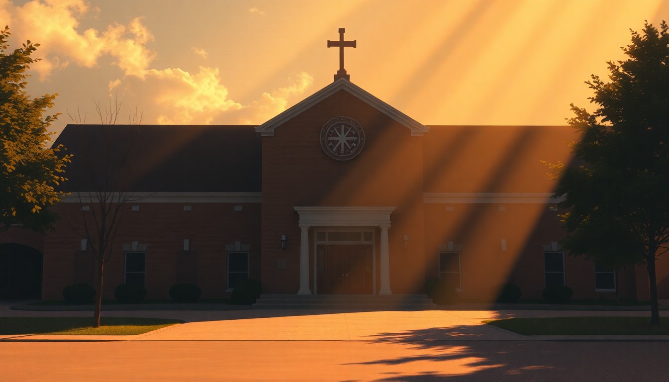 A serene, painterly image of a Catholic school building with warm lighting and deep shadows, conveying a sense of community and educational purpose.