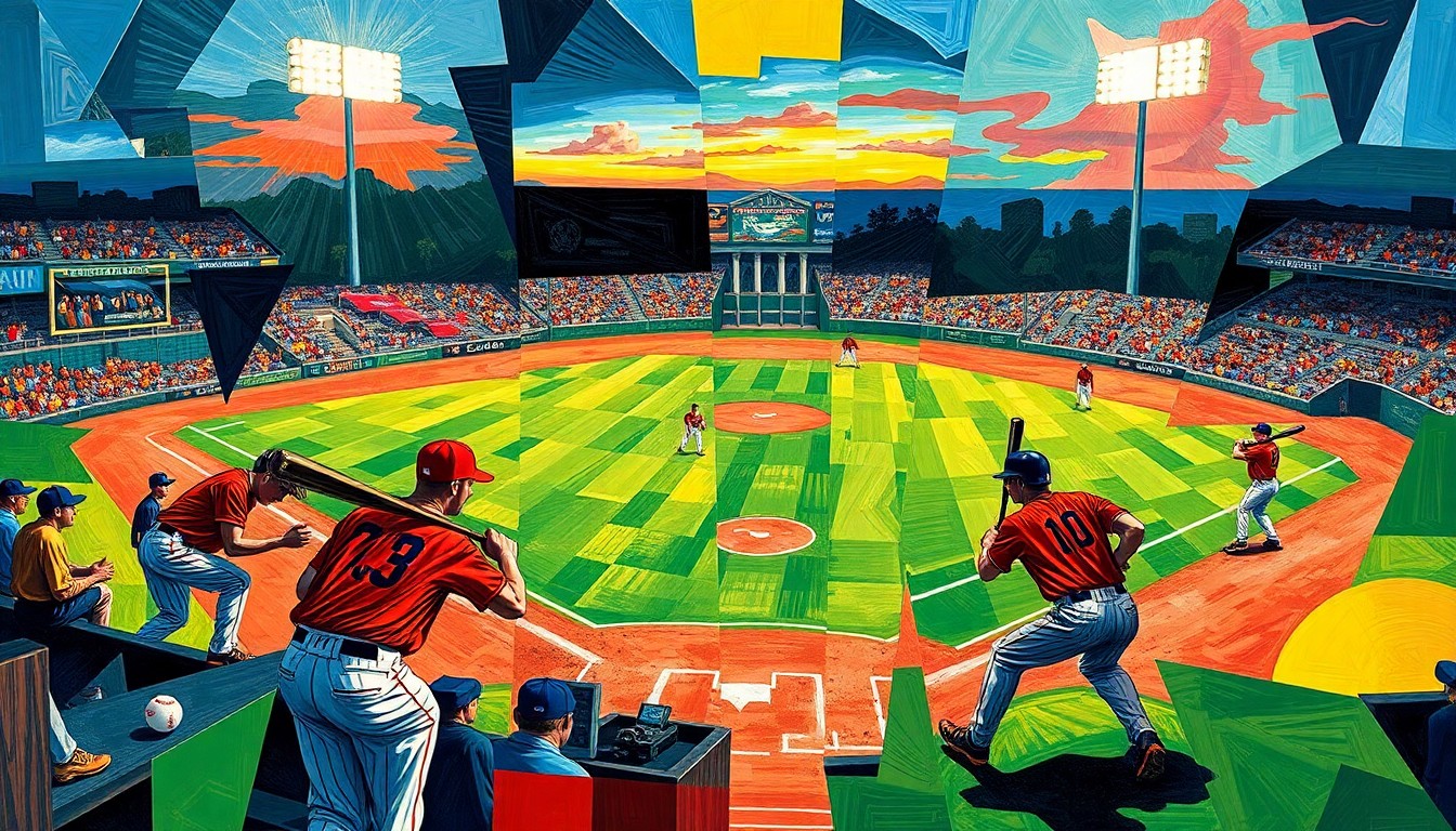 A fragmented, geometric painting depicting the dynamic movements and energy of a high school baseball game, with overlapping planes of players, bats, balls, and the field rendered in a vibrant color palette.