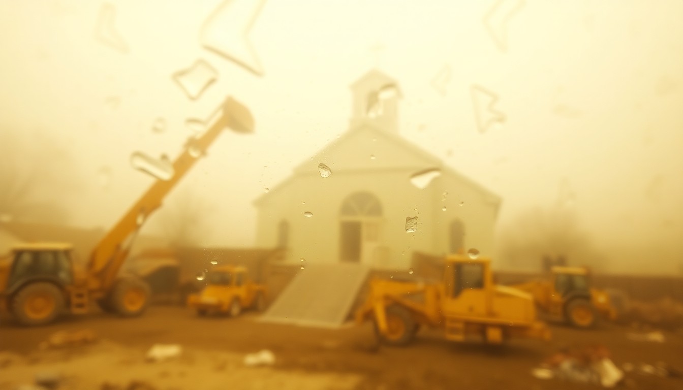 An abstract, impressionistic scene of construction equipment and debris at a church site, captured in soft, hazy light and muted colors, conveying a sense of transition and renewal.
