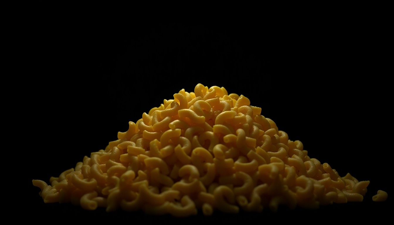An extreme close-up photograph of a pile of dry elbow pasta against a pitch-black background, conceptually representing the substitution of stolen Lego bricks in a crime investigation.