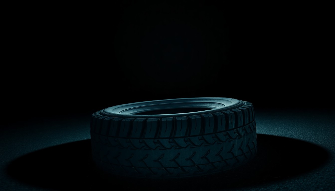 An extreme close-up photograph of an abandoned tire on a vacant lot, the harsh flash illuminating the tire's worn and weathered texture against a pitch-black background, conveying a sense of urban decay and the need for intervention.