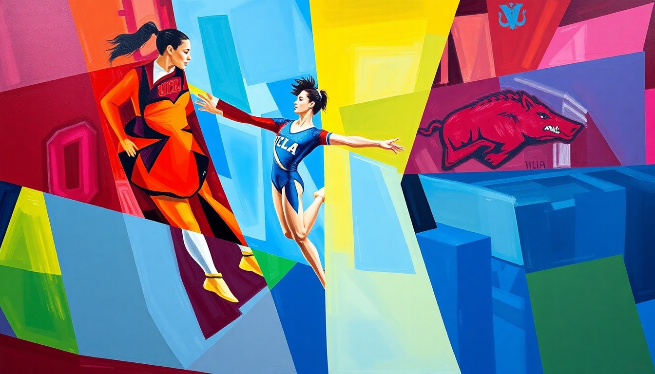 A fractured, multi-perspective painting depicting the dynamic movements and competition of a women's gymnastics event, with the vibrant colors of the participating teams' uniforms.