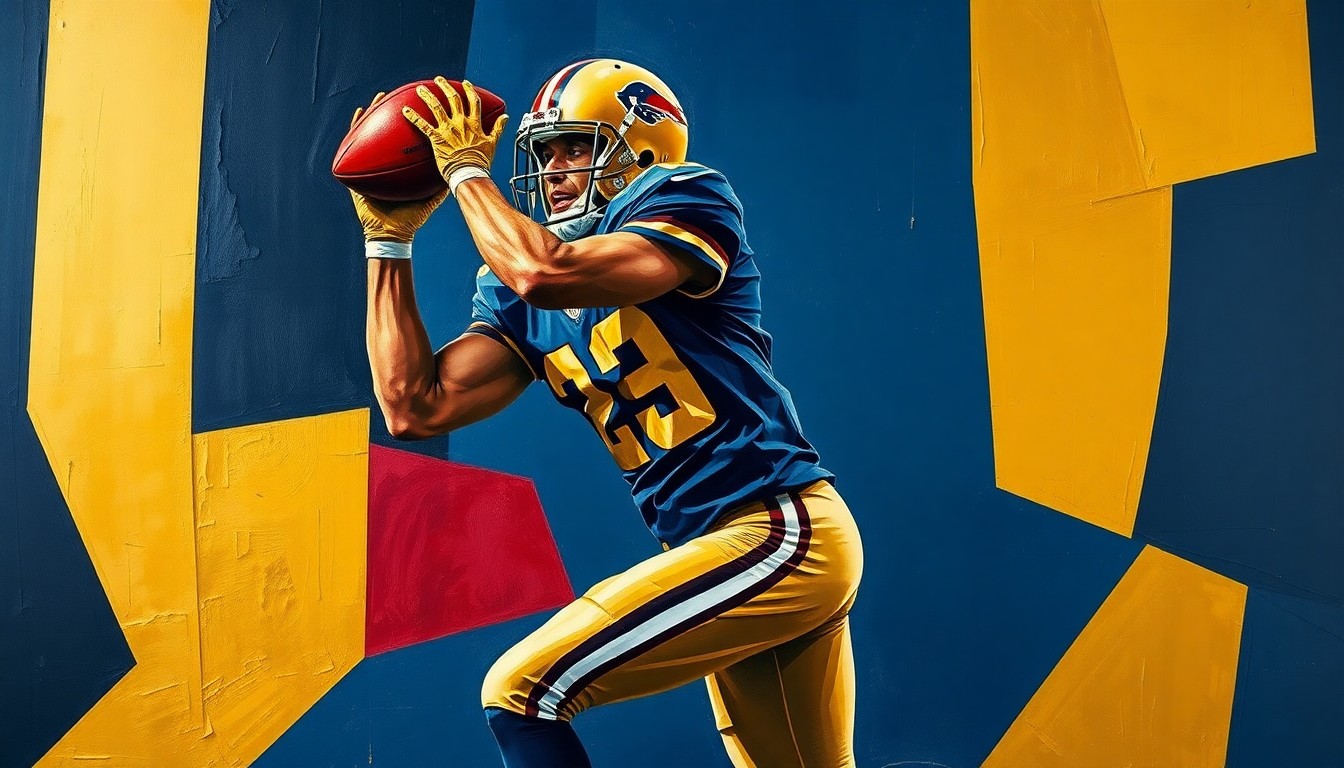 A cubist, geometric painting depicting a football player in mid-catch, their body fractured into overlapping planes of navy, gold, and crimson, conveying the dynamic energy of the sport.