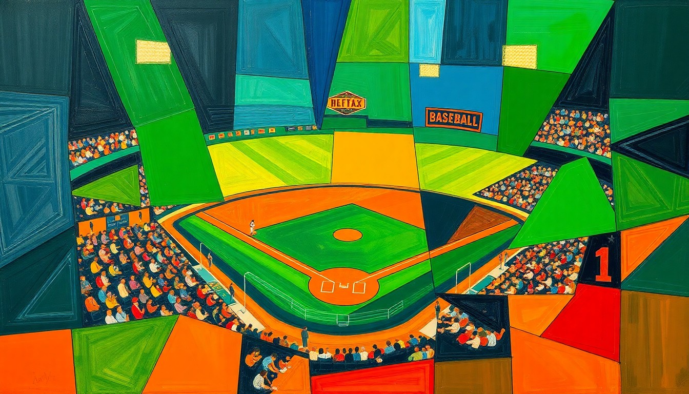 A cubist, geometric painting depicting a baseball game in progress, with overlapping planes of color representing the dynamic action on the field.
