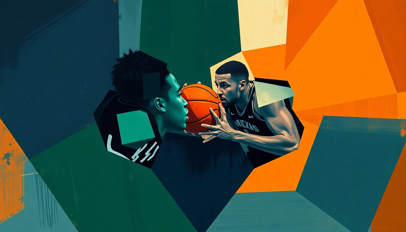 A cubist-style painting featuring sharp, overlapping geometric shapes in navy, green, and orange, conceptually representing the confrontation between a basketball player and a media personality.