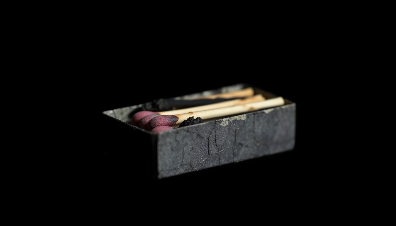 An extreme close-up photograph of a charred matchbox against a pitch-black background, conveying the stark, gritty aftermath of a deadly crime.