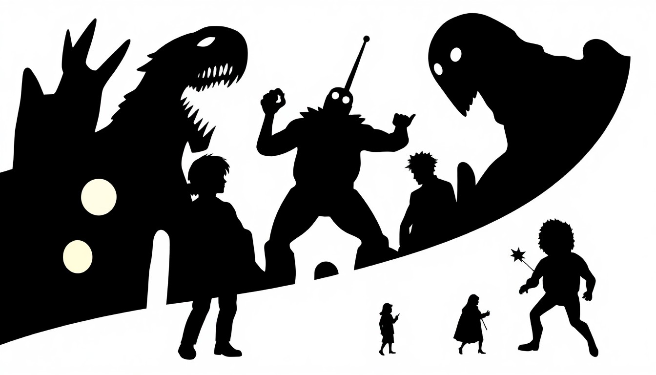 An abstract, minimalist illustration featuring stark black silhouettes and jagged geometric shapes, conceptually representing the fantastical characters and settings of the Krofft brothers' television creations.