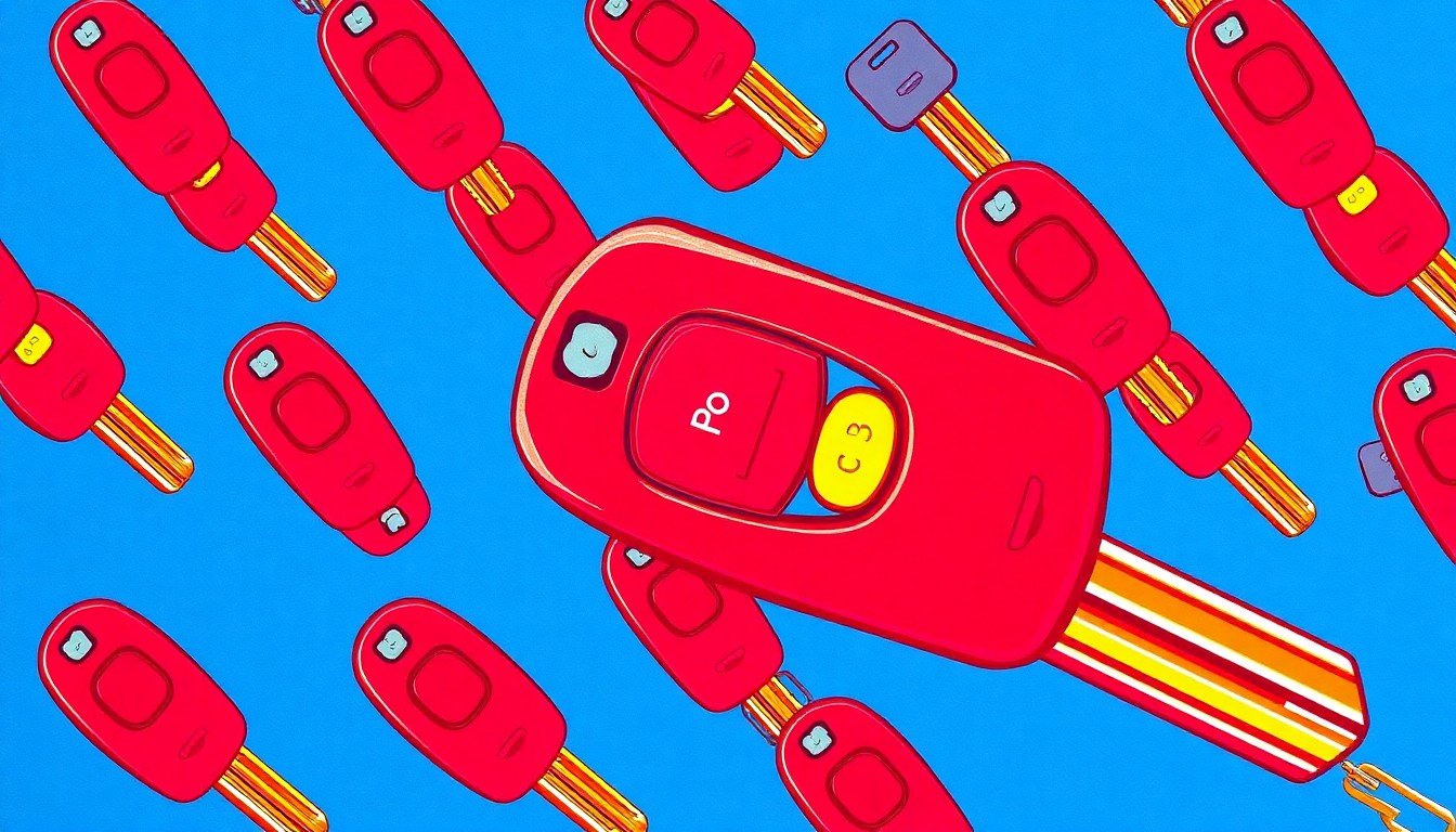A vibrant, high-contrast silkscreen print of a car key repeated in a grid, conveying the critical importance of safe driving during prom season.