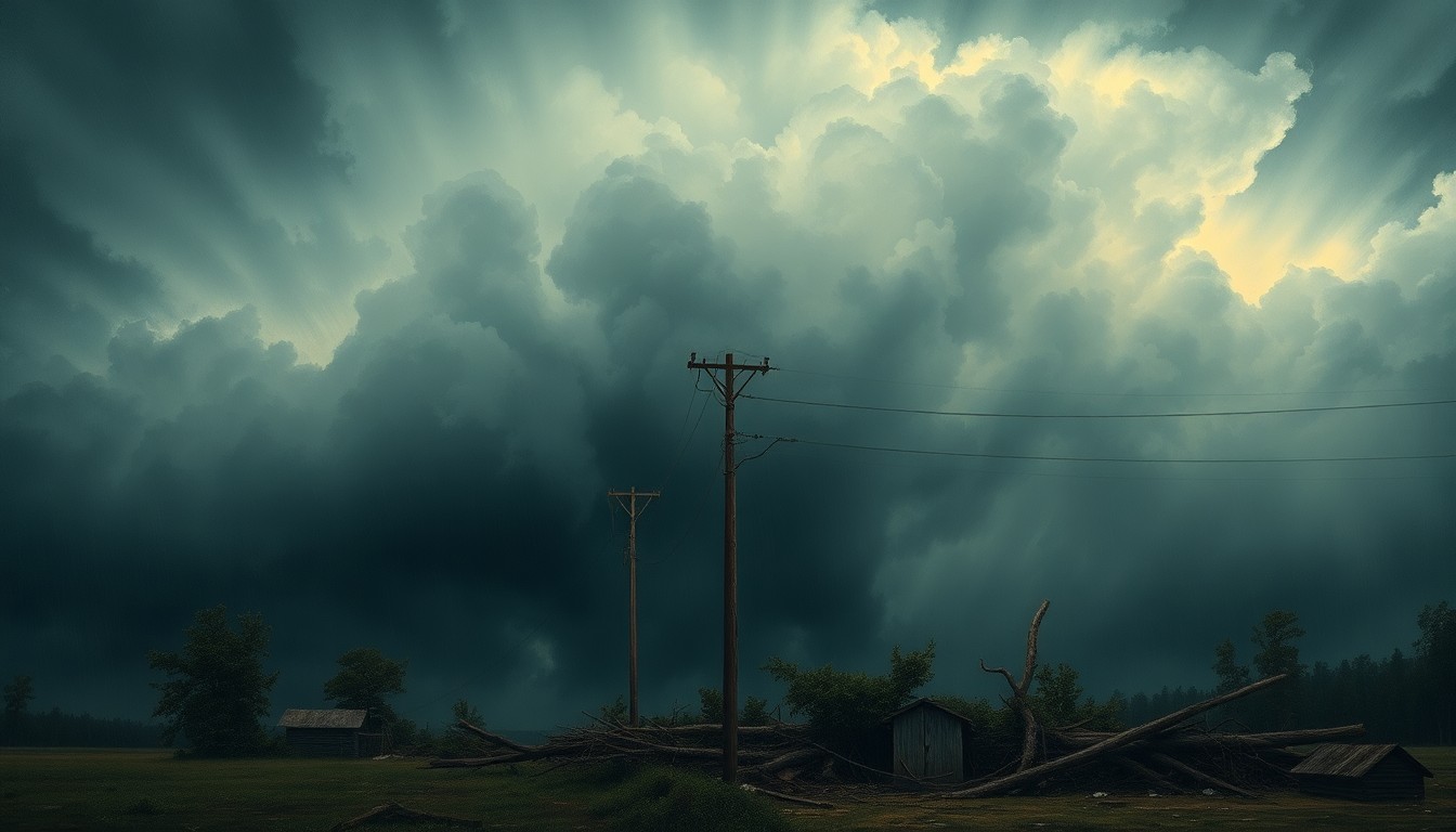 A dramatic landscape painting in muted tones of grey, blue, and green, depicting a stormy sky filled with swirling clouds and heavy rain obscuring the horizon. In the foreground, a lone utility pole stands tall, its power lines sagging and broken, surrounded by fallen trees and debris, conveying the raw power of the storm and the vulnerability of the region's electrical infrastructure.