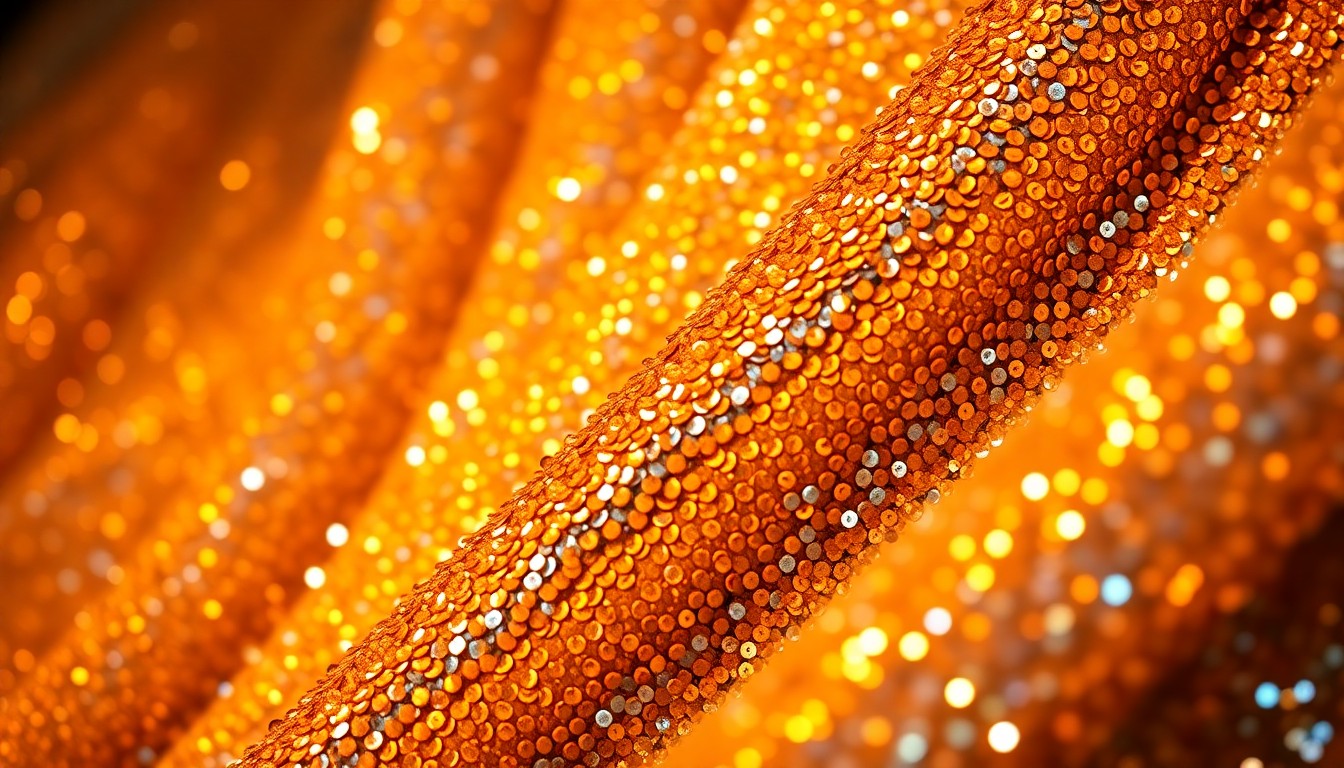 An abstract close-up photograph of shimmering, sequined fabric in metallic gold and silver tones, conveying the high-energy and luxurious atmosphere of a live music performance.