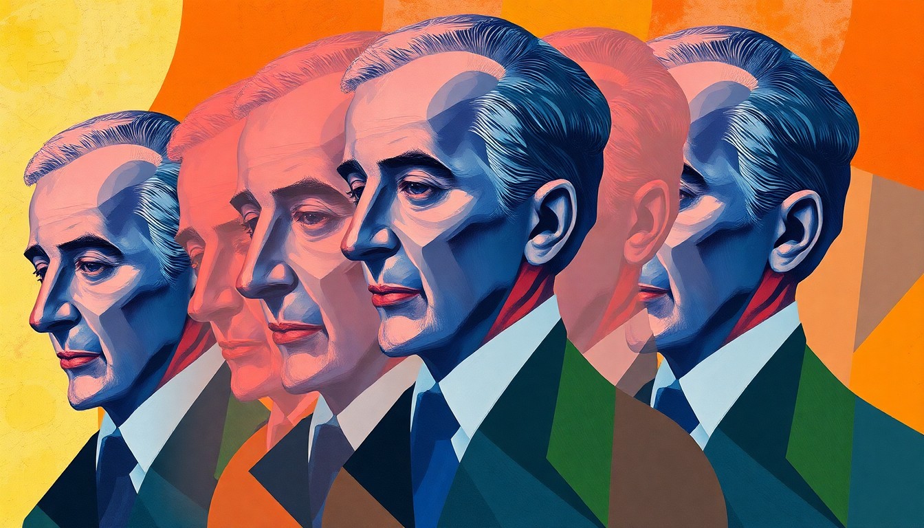 A fragmented, abstract painting depicting overlapping geometric shapes and patterns in shades of blue, green, and red, representing the divisive debate over U.S. policy toward Israel within the Democratic Party.