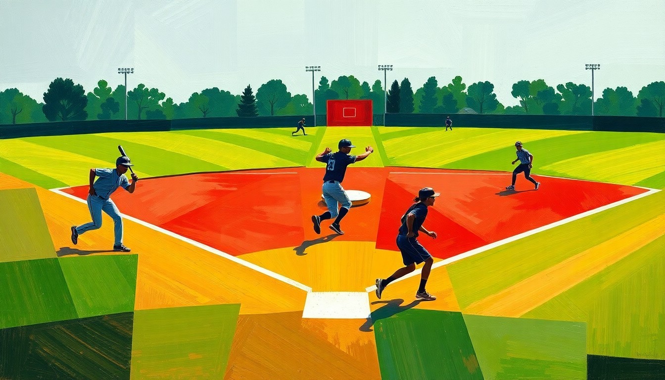 A fragmented, geometric painting depicting the action and energy of a high school baseball game, with players' forms broken down into overlapping planes of color and shape.