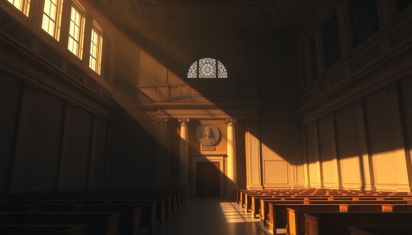 A dimly lit, cinematic painting of an empty government building or legislative chamber, with warm sunlight streaming through the windows and deep shadows across the walls, conveying a sense of quiet contemplation around the political debate over immigration.