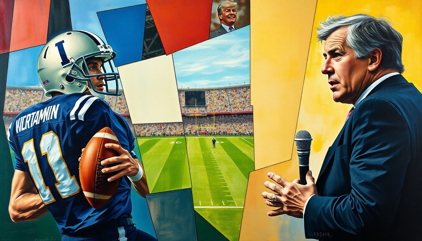 A cubist, fragmented painting depicting a football player, a political commentator, and a singer in an abstract, geometric style, conceptually representing the controversy surrounding their unexpected lunch meeting.