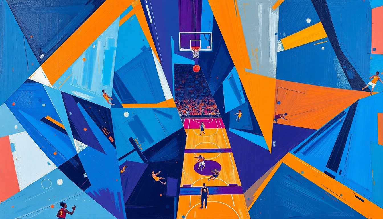 A fragmented, cubist-style painting depicting the dynamic movements and energy of a WNBA basketball game, with sharp geometric shapes and bold, vibrant colors.