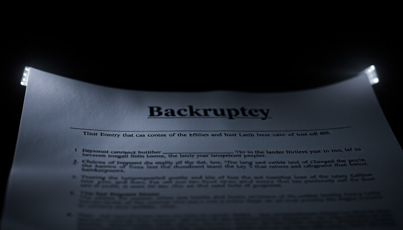 An extreme close-up photograph of a legal document or contract related to the bankruptcy case, lit by a harsh, direct camera flash against a pitch-black background, conceptually illustrating the stark, gritty, and investigative nature of the legal proceedings.