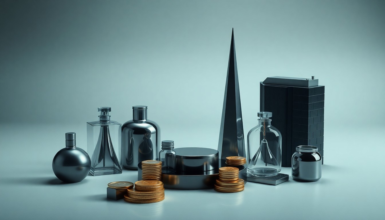 A high-end, photorealistic studio still-life photograph featuring a collection of polished, geometric objects arranged elegantly on a clean, monochromatic background, symbolizing the abstract concepts of urban development and corporate strategy in Baltimore.