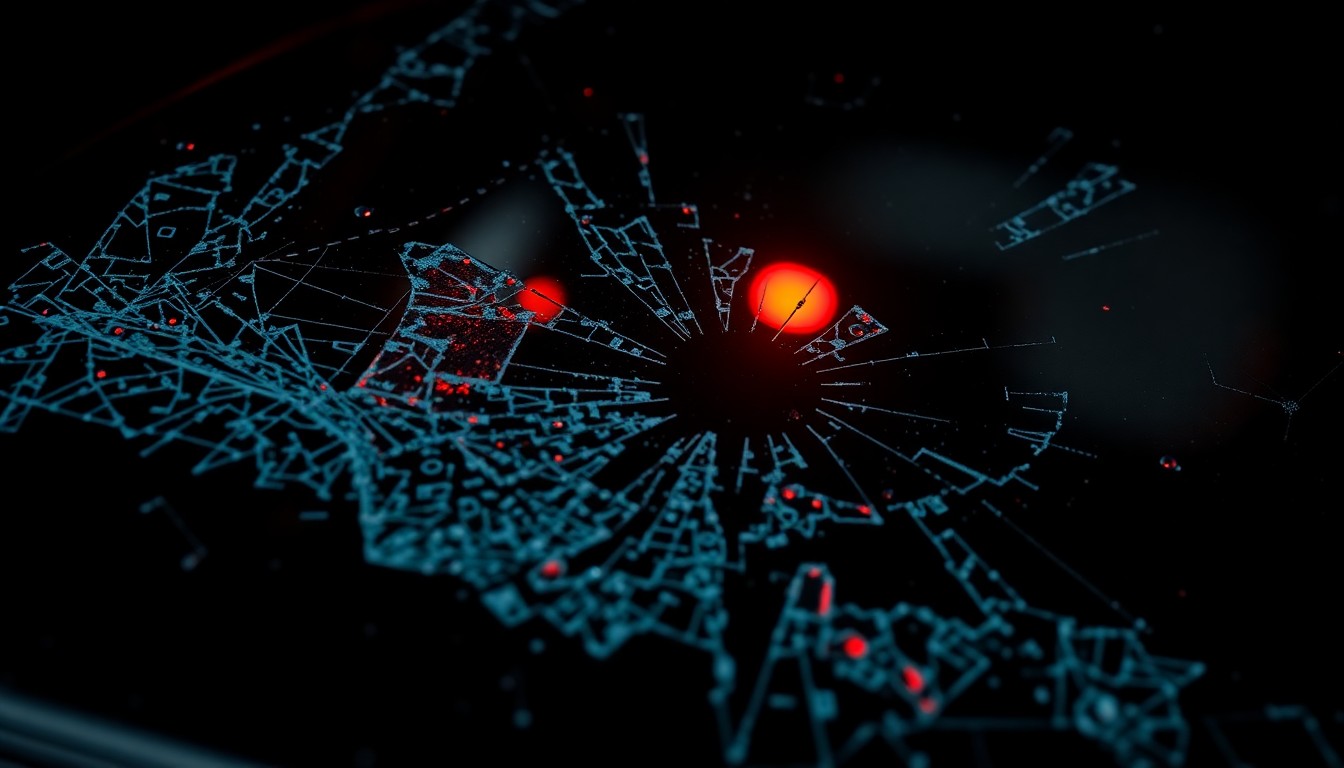 An extreme close-up photograph of a shattered car window reflecting a faint red light, conceptually representing the aftermath of a violent incident on the freeway.