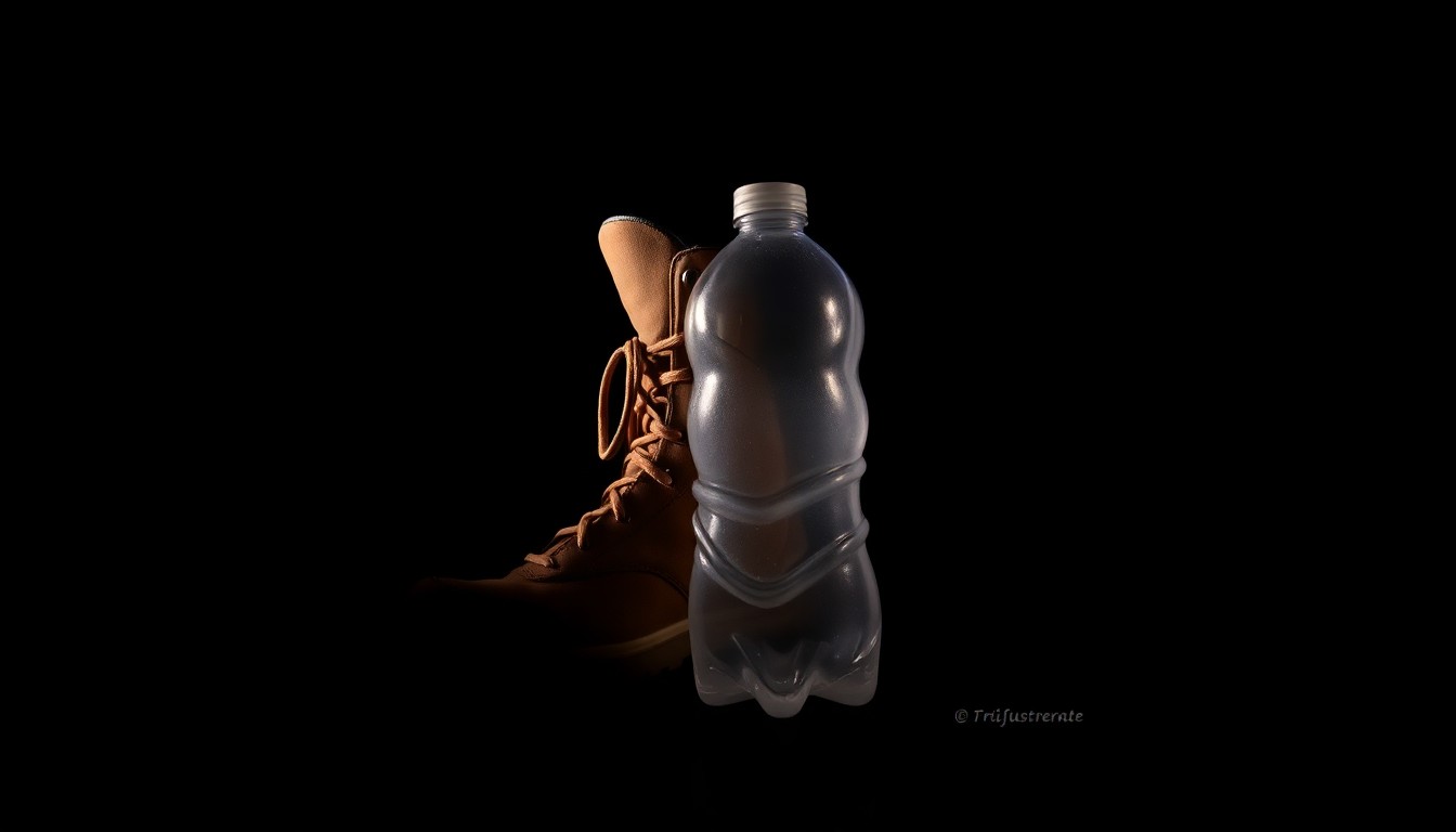 An extreme close-up photograph of a hiking boot or water bottle, lit by a harsh, direct camera flash against a pitch-black background, creating a stark, gritty, investigative aesthetic.
